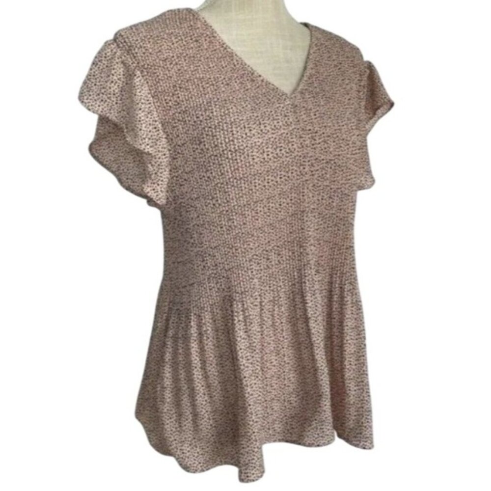 Adrianna Papell Women’s Pleated Animal Print Blouse – Tan & Black – Size M